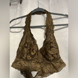 Aerie Olive Green Lace Halter Bra with Floral Design